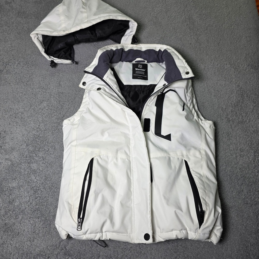 Wantdo Womens Small Puffer Vest White Detachable Hood Quilted Outdoor Zip Up